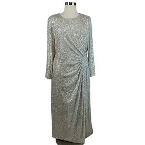 Long Sleeve Sequin Evening Gown Silver Size 22W Thigh Slit Formal Dress Eliza J